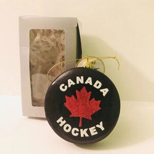 Canada Hockey Puck Hand Blown Glass Christmas Ornament Made  in Poland